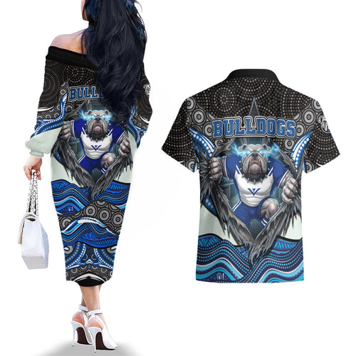 Canterbury Bankstown Bulldogs Rugby Couples Matching Off The Shoulder Long Sleeve Dress and Hawaiian Shirt The Scream of Lightning Eyes - Indigenous Dot Ripping Effect