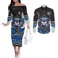 Canterbury Bankstown Bulldogs Rugby Couples Matching Off The Shoulder Long Sleeve Dress and Long Sleeve Button Shirt The Scream of Lightning Eyes - Indigenous Dot Ripping Effect