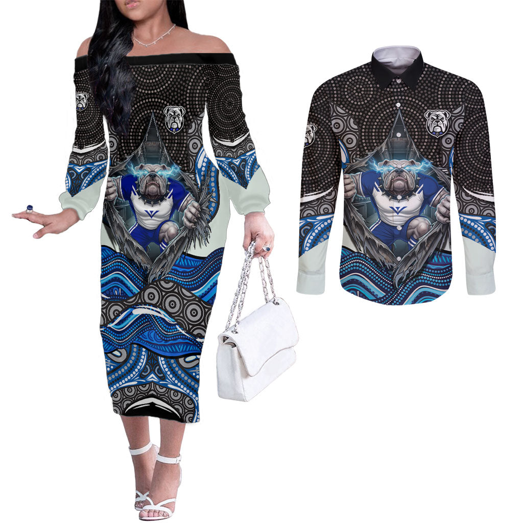 Canterbury Bankstown Bulldogs Rugby Couples Matching Off The Shoulder Long Sleeve Dress and Long Sleeve Button Shirt The Scream of Lightning Eyes - Indigenous Dot Ripping Effect