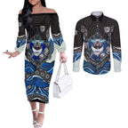 Canterbury Bankstown Bulldogs Rugby Couples Matching Off The Shoulder Long Sleeve Dress and Long Sleeve Button Shirt The Scream of Lightning Eyes - Indigenous Dot Ripping Effect