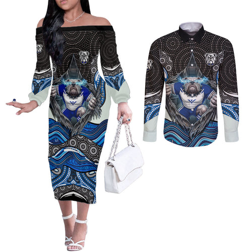 Canterbury Bankstown Bulldogs Rugby Couples Matching Off The Shoulder Long Sleeve Dress and Long Sleeve Button Shirt The Scream of Lightning Eyes - Indigenous Dot Ripping Effect