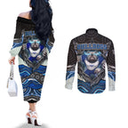 Canterbury Bankstown Bulldogs Rugby Couples Matching Off The Shoulder Long Sleeve Dress and Long Sleeve Button Shirt The Scream of Lightning Eyes - Indigenous Dot Ripping Effect