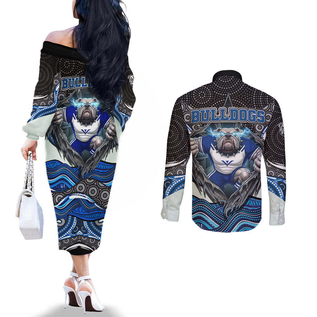 Canterbury Bankstown Bulldogs Rugby Couples Matching Off The Shoulder Long Sleeve Dress and Long Sleeve Button Shirt The Scream of Lightning Eyes - Indigenous Dot Ripping Effect