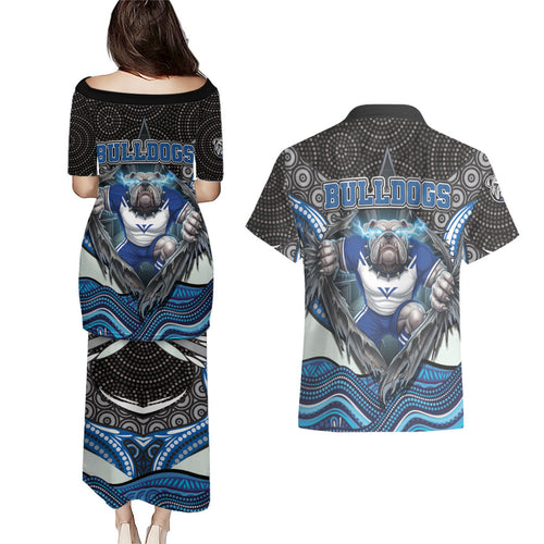 Canterbury Bankstown Bulldogs Rugby Couples Matching Puletasi and Hawaiian Shirt The Scream of Lightning Eyes - Indigenous Dot Ripping Effect