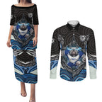 Canterbury Bankstown Bulldogs Rugby Couples Matching Puletasi and Long Sleeve Button Shirt The Scream of Lightning Eyes - Indigenous Dot Ripping Effect