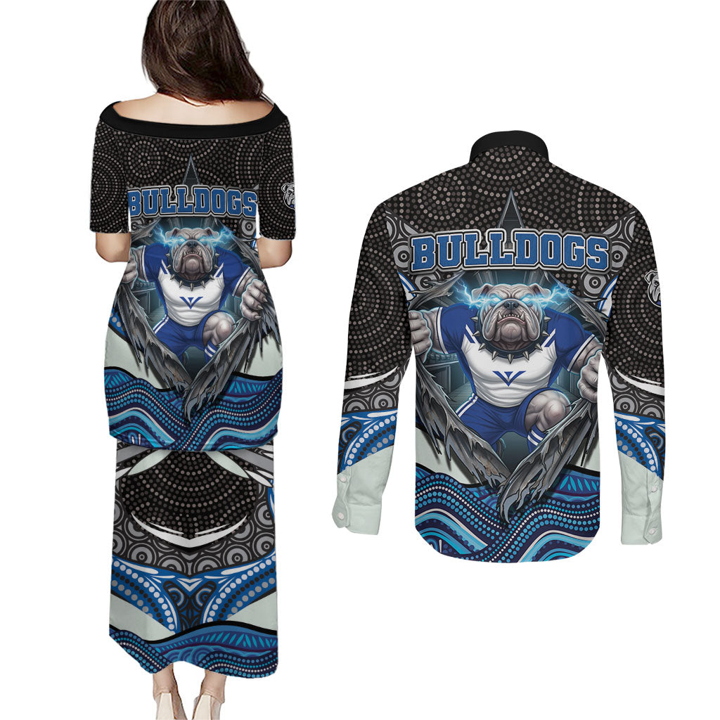 Canterbury Bankstown Bulldogs Rugby Couples Matching Puletasi and Long Sleeve Button Shirt The Scream of Lightning Eyes - Indigenous Dot Ripping Effect