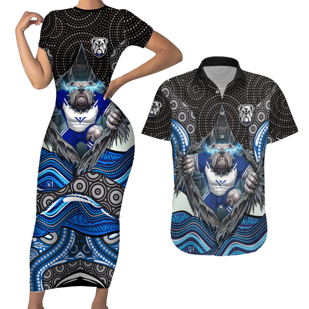 Canterbury Bankstown Bulldogs Rugby Couples Matching Short Sleeve Bodycon Dress and Hawaiian Shirt The Scream of Lightning Eyes - Indigenous Dot Ripping Effect