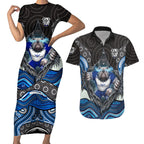 Canterbury Bankstown Bulldogs Rugby Couples Matching Short Sleeve Bodycon Dress and Hawaiian Shirt The Scream of Lightning Eyes - Indigenous Dot Ripping Effect