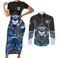 Canterbury Bankstown Bulldogs Rugby Couples Matching Short Sleeve Bodycon Dress and Long Sleeve Button Shirt The Scream of Lightning Eyes - Indigenous Dot Ripping Effect