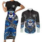 Canterbury Bankstown Bulldogs Rugby Couples Matching Short Sleeve Bodycon Dress and Long Sleeve Button Shirt The Scream of Lightning Eyes - Indigenous Dot Ripping Effect