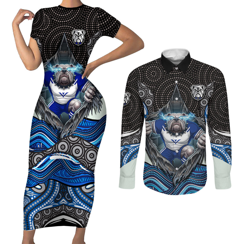 Canterbury Bankstown Bulldogs Rugby Couples Matching Short Sleeve Bodycon Dress and Long Sleeve Button Shirt The Scream of Lightning Eyes - Indigenous Dot Ripping Effect