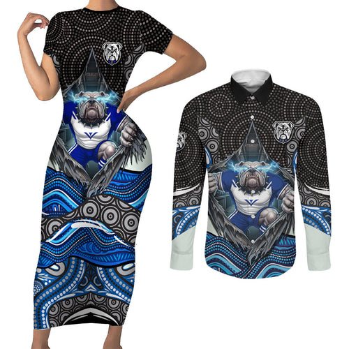 Canterbury Bankstown Bulldogs Rugby Couples Matching Short Sleeve Bodycon Dress and Long Sleeve Button Shirt The Scream of Lightning Eyes - Indigenous Dot Ripping Effect