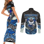 Canterbury Bankstown Bulldogs Rugby Couples Matching Short Sleeve Bodycon Dress and Long Sleeve Button Shirt The Scream of Lightning Eyes - Indigenous Dot Ripping Effect