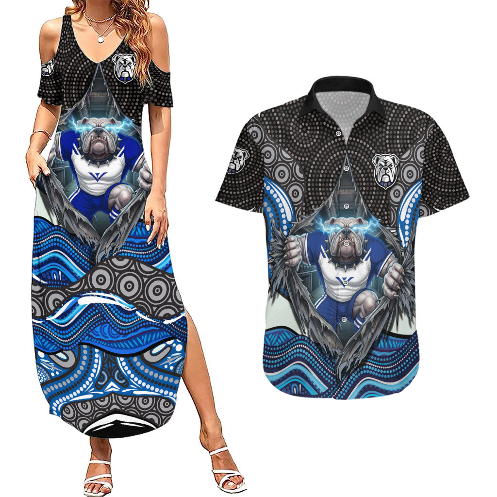 Canterbury Bankstown Bulldogs Rugby Couples Matching Summer Maxi Dress and Hawaiian Shirt The Scream of Lightning Eyes - Indigenous Dot Ripping Effect