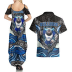 Canterbury Bankstown Bulldogs Rugby Couples Matching Summer Maxi Dress and Hawaiian Shirt The Scream of Lightning Eyes - Indigenous Dot Ripping Effect