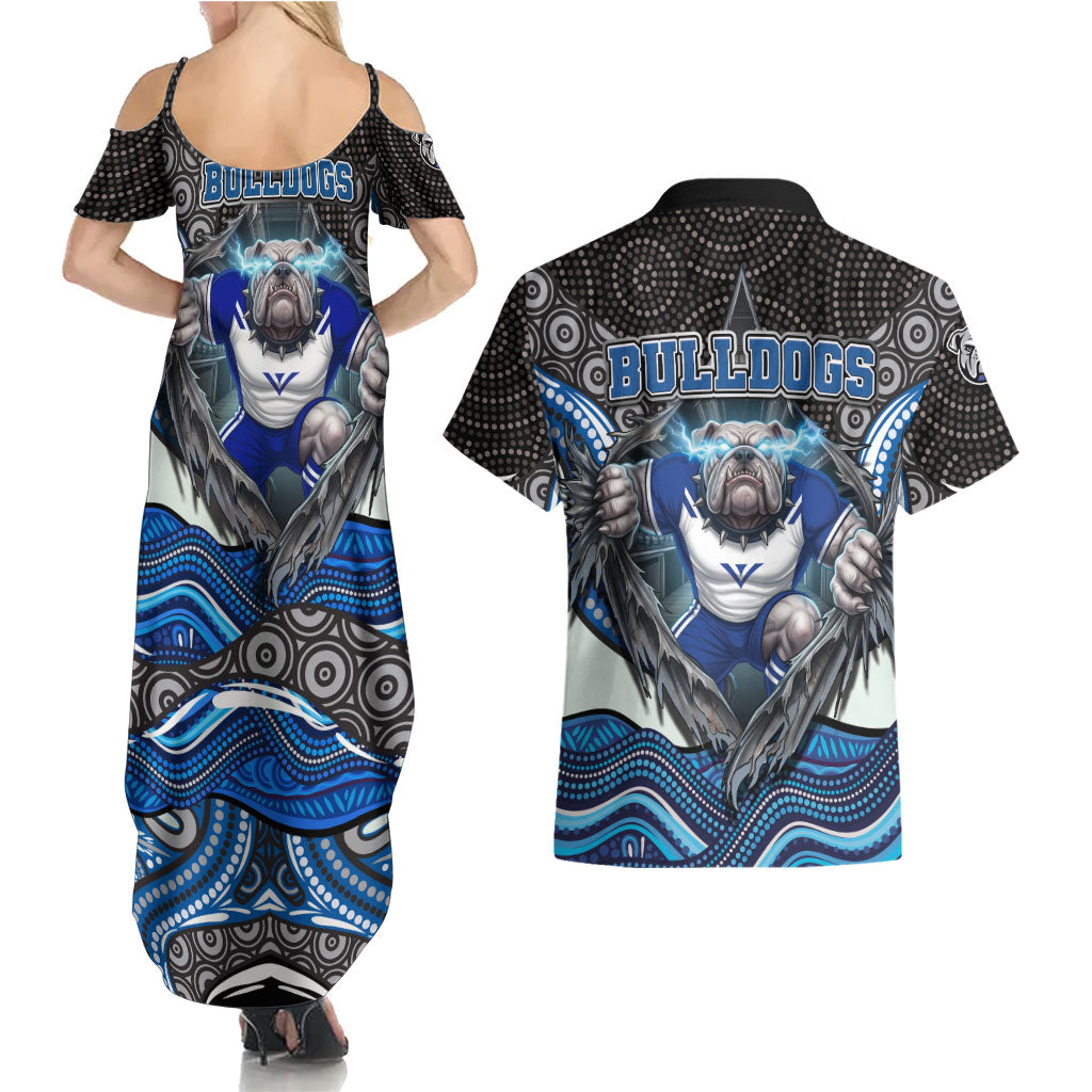 Canterbury Bankstown Bulldogs Rugby Couples Matching Summer Maxi Dress and Hawaiian Shirt The Scream of Lightning Eyes - Indigenous Dot Ripping Effect