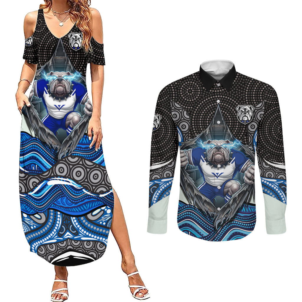 Canterbury Bankstown Bulldogs Rugby Couples Matching Summer Maxi Dress and Long Sleeve Button Shirt The Scream of Lightning Eyes - Indigenous Dot Ripping Effect