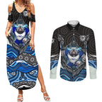 Canterbury Bankstown Bulldogs Rugby Couples Matching Summer Maxi Dress and Long Sleeve Button Shirt The Scream of Lightning Eyes - Indigenous Dot Ripping Effect