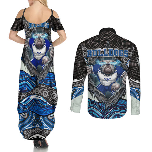 Canterbury Bankstown Bulldogs Rugby Couples Matching Summer Maxi Dress and Long Sleeve Button Shirt The Scream of Lightning Eyes - Indigenous Dot Ripping Effect