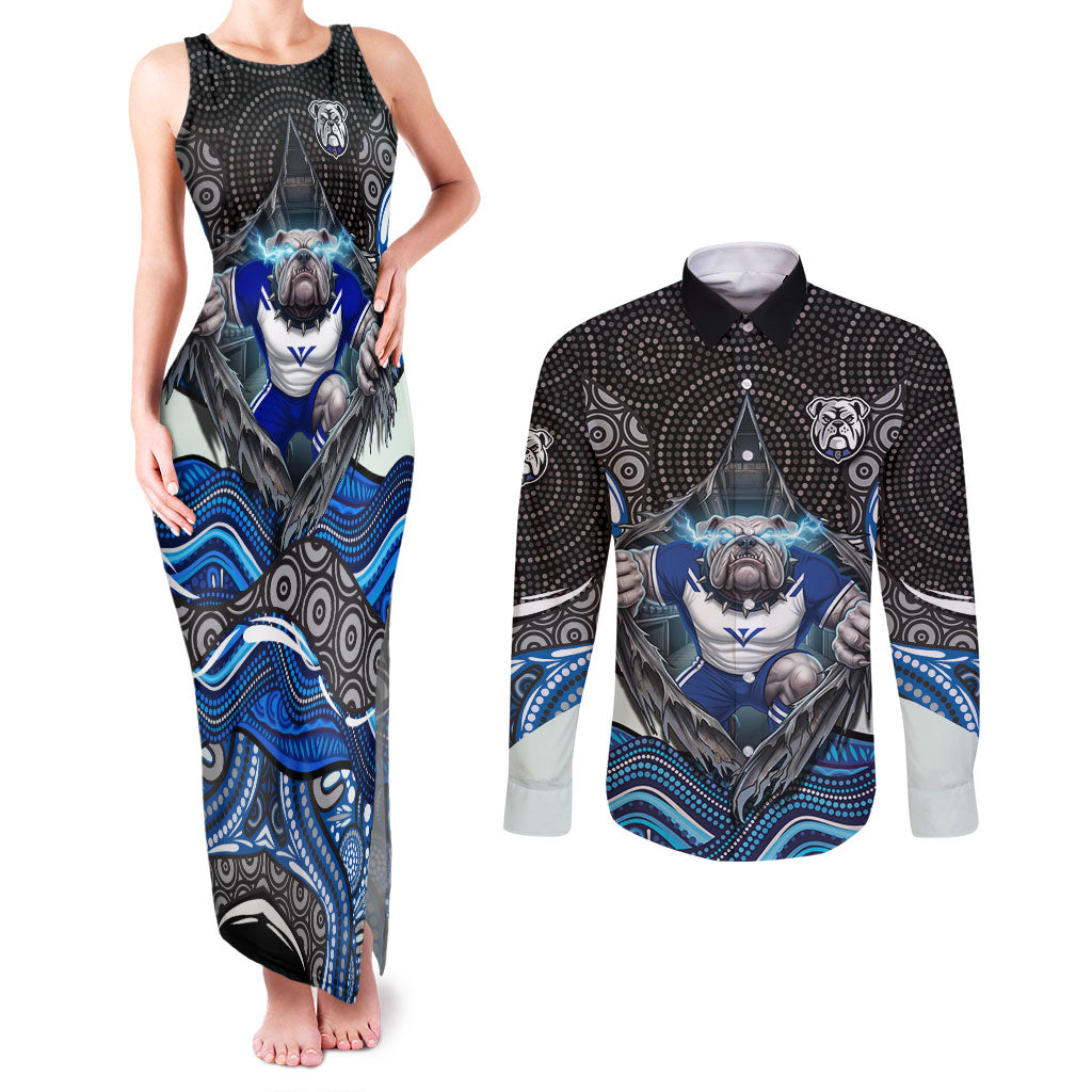 Canterbury Bankstown Bulldogs Rugby Couples Matching Tank Maxi Dress and Long Sleeve Button Shirt The Scream of Lightning Eyes - Indigenous Dot Ripping Effect