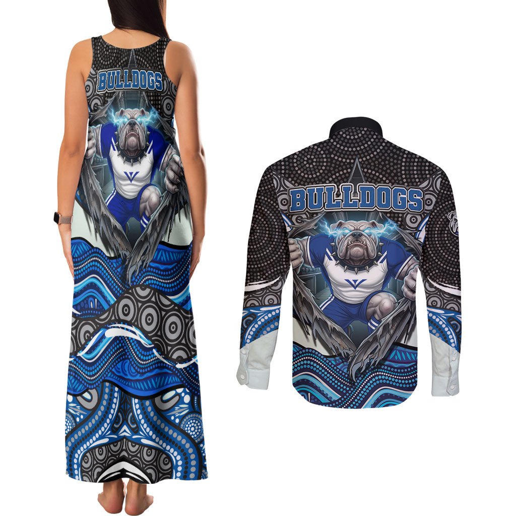 Canterbury Bankstown Bulldogs Rugby Couples Matching Tank Maxi Dress and Long Sleeve Button Shirt The Scream of Lightning Eyes - Indigenous Dot Ripping Effect