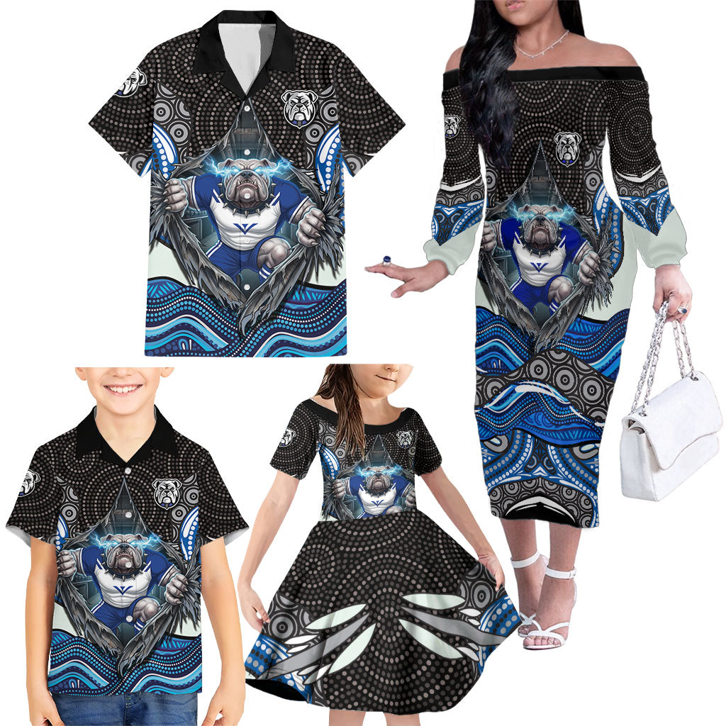Canterbury Bankstown Bulldogs Rugby Family Matching Off The Shoulder Long Sleeve Dress and Hawaiian Shirt The Scream of Lightning Eyes - Indigenous Dot Ripping Effect
