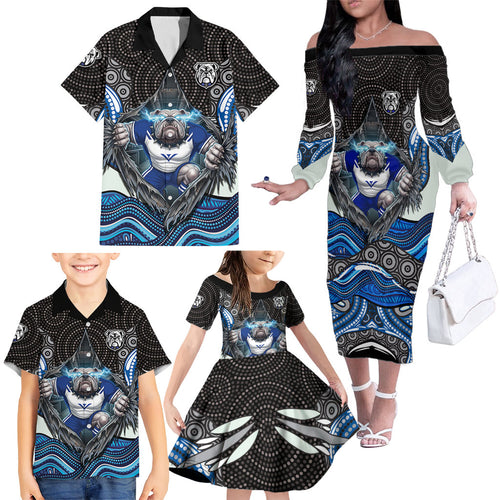 Canterbury Bankstown Bulldogs Rugby Family Matching Off The Shoulder Long Sleeve Dress and Hawaiian Shirt The Scream of Lightning Eyes - Indigenous Dot Ripping Effect