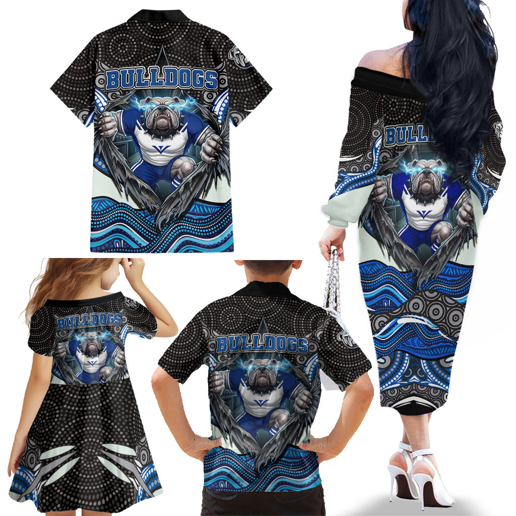 Canterbury Bankstown Bulldogs Rugby Family Matching Off The Shoulder Long Sleeve Dress and Hawaiian Shirt The Scream of Lightning Eyes - Indigenous Dot Ripping Effect