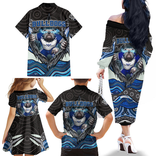 Canterbury Bankstown Bulldogs Rugby Family Matching Off The Shoulder Long Sleeve Dress and Hawaiian Shirt The Scream of Lightning Eyes - Indigenous Dot Ripping Effect