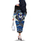 Canterbury Bankstown Bulldogs Rugby Family Matching Off The Shoulder Long Sleeve Dress and Hawaiian Shirt The Scream of Lightning Eyes - Indigenous Dot Ripping Effect
