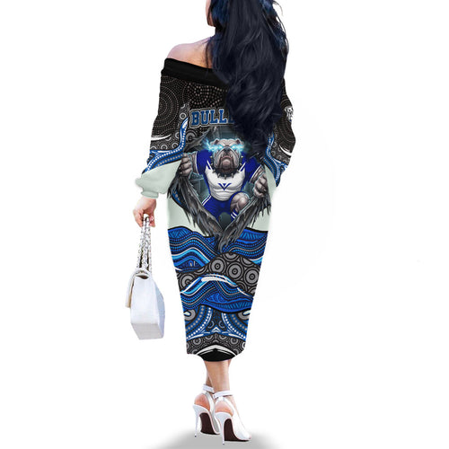 Canterbury Bankstown Bulldogs Rugby Family Matching Off The Shoulder Long Sleeve Dress and Hawaiian Shirt The Scream of Lightning Eyes - Indigenous Dot Ripping Effect