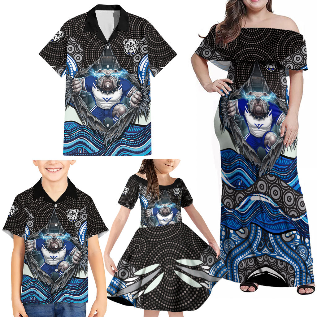 Canterbury Bankstown Bulldogs Rugby Family Matching Off Shoulder Maxi Dress and Hawaiian Shirt The Scream of Lightning Eyes - Indigenous Dot Ripping Effect