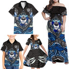 Canterbury Bankstown Bulldogs Rugby Family Matching Off Shoulder Maxi Dress and Hawaiian Shirt The Scream of Lightning Eyes - Indigenous Dot Ripping Effect