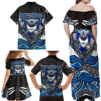 Canterbury Bankstown Bulldogs Rugby Family Matching Off Shoulder Maxi Dress and Hawaiian Shirt The Scream of Lightning Eyes - Indigenous Dot Ripping Effect