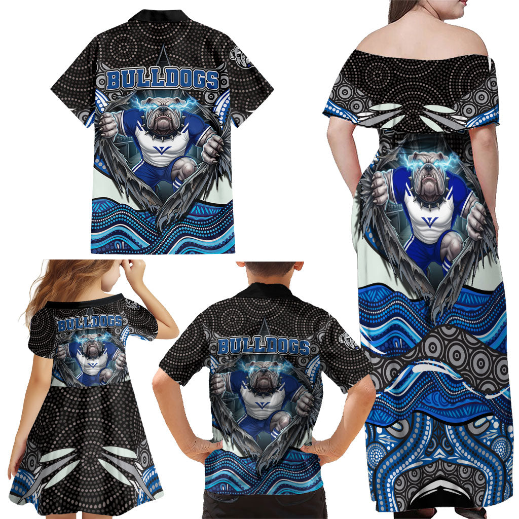 Canterbury Bankstown Bulldogs Rugby Family Matching Off Shoulder Maxi Dress and Hawaiian Shirt The Scream of Lightning Eyes - Indigenous Dot Ripping Effect