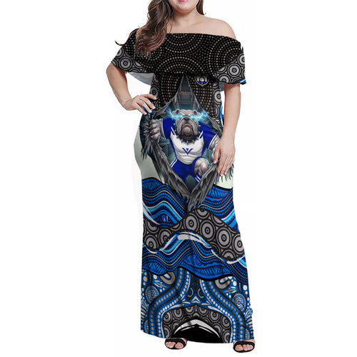 Canterbury Bankstown Bulldogs Rugby Family Matching Off Shoulder Maxi Dress and Hawaiian Shirt The Scream of Lightning Eyes - Indigenous Dot Ripping Effect