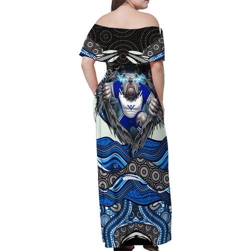 Canterbury Bankstown Bulldogs Rugby Family Matching Off Shoulder Maxi Dress and Hawaiian Shirt The Scream of Lightning Eyes - Indigenous Dot Ripping Effect