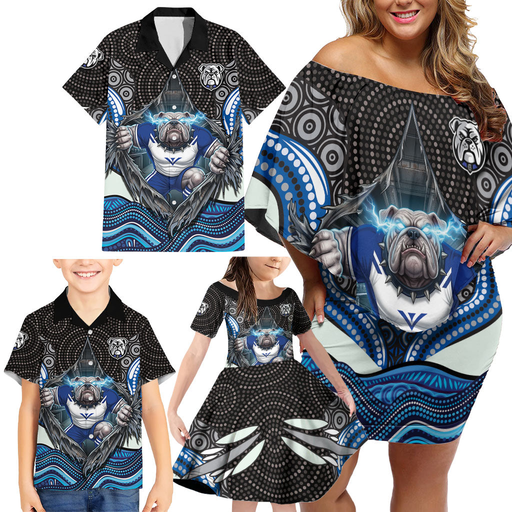Canterbury Bankstown Bulldogs Rugby Family Matching Off Shoulder Short Dress and Hawaiian Shirt The Scream of Lightning Eyes - Indigenous Dot Ripping Effect