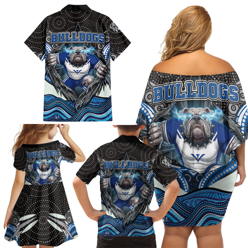 Canterbury Bankstown Bulldogs Rugby Family Matching Off Shoulder Short Dress and Hawaiian Shirt The Scream of Lightning Eyes - Indigenous Dot Ripping Effect