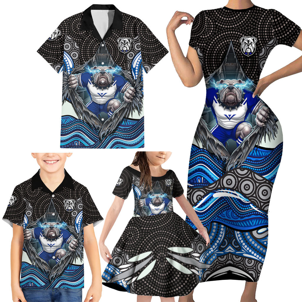 Canterbury Bankstown Bulldogs Rugby Family Matching Short Sleeve Bodycon Dress and Hawaiian Shirt The Scream of Lightning Eyes - Indigenous Dot Ripping Effect