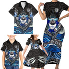Canterbury Bankstown Bulldogs Rugby Family Matching Short Sleeve Bodycon Dress and Hawaiian Shirt The Scream of Lightning Eyes - Indigenous Dot Ripping Effect