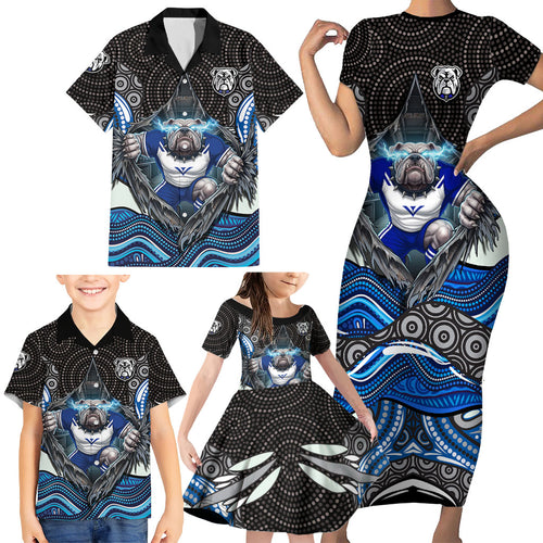 Canterbury Bankstown Bulldogs Rugby Family Matching Short Sleeve Bodycon Dress and Hawaiian Shirt The Scream of Lightning Eyes - Indigenous Dot Ripping Effect