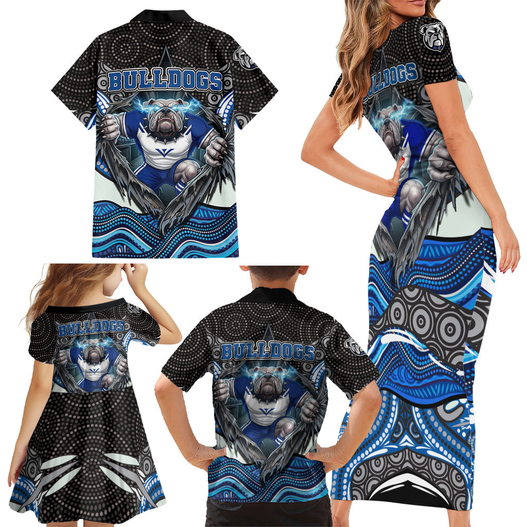 Canterbury Bankstown Bulldogs Rugby Family Matching Short Sleeve Bodycon Dress and Hawaiian Shirt The Scream of Lightning Eyes - Indigenous Dot Ripping Effect