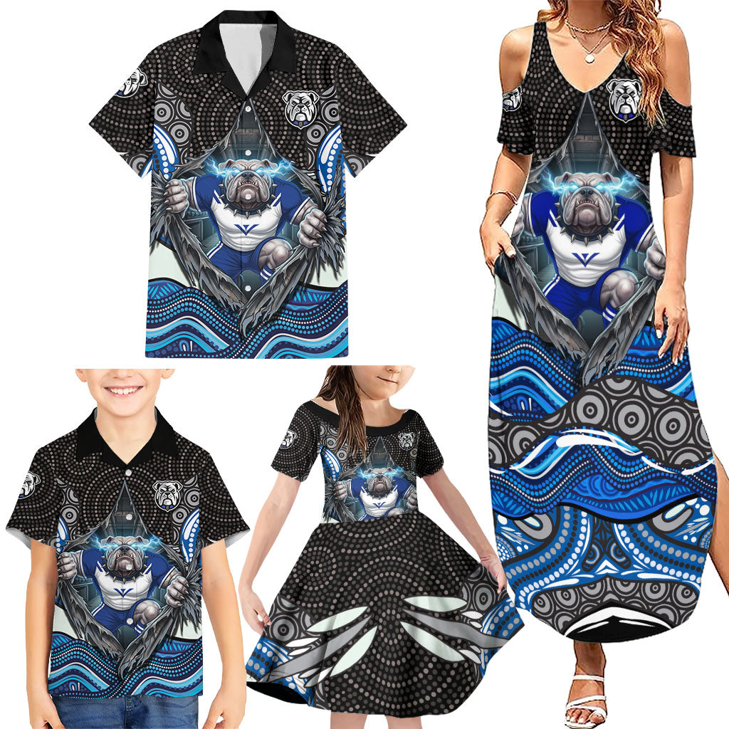 Canterbury Bankstown Bulldogs Rugby Family Matching Summer Maxi Dress and Hawaiian Shirt The Scream of Lightning Eyes - Indigenous Dot Ripping Effect