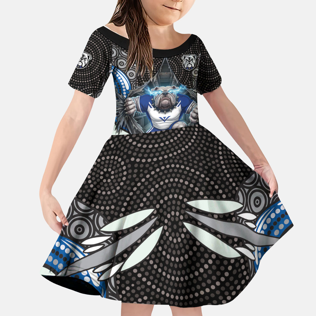 Canterbury Bankstown Bulldogs Rugby Kid Short Sleeve Dress The Scream of Lightning Eyes - Indigenous Dot Ripping Effect