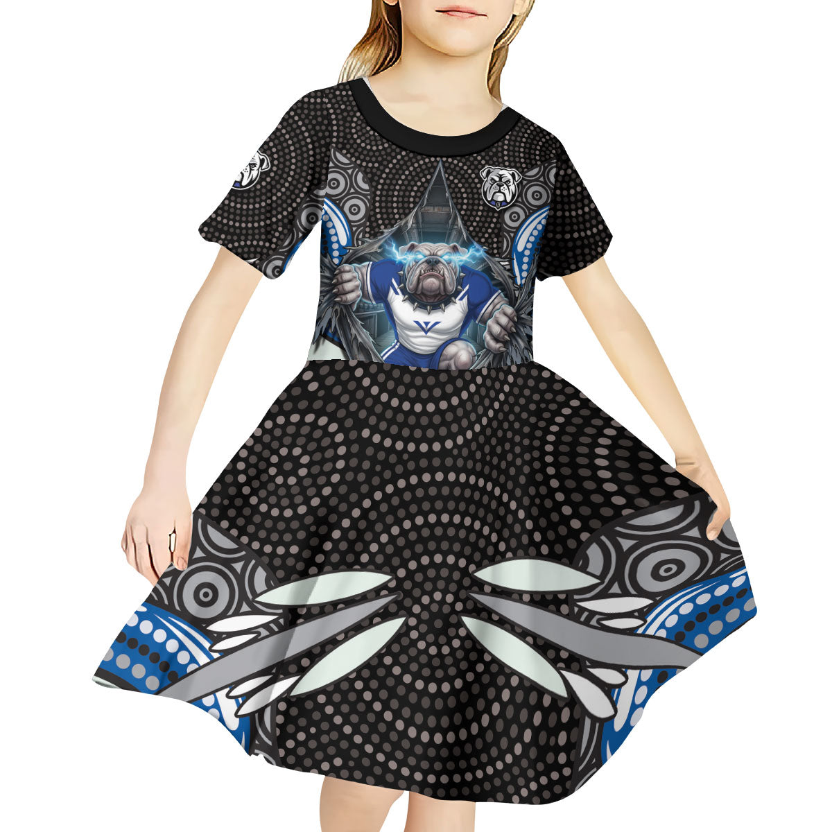 Canterbury Bankstown Bulldogs Rugby Kid Short Sleeve Dress The Scream of Lightning Eyes - Indigenous Dot Ripping Effect
