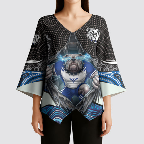 Canterbury Bankstown Bulldogs Rugby Kimono Sleeve Blouse The Scream of Lightning Eyes - Indigenous Dot Ripping Effect