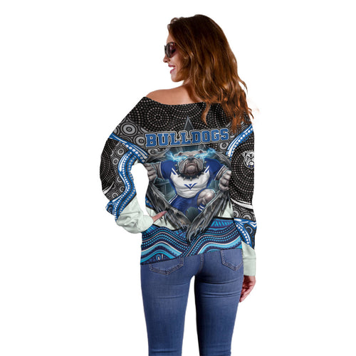 Canterbury Bankstown Bulldogs Rugby Off Shoulder Sweater The Scream of Lightning Eyes - Indigenous Dot Ripping Effect