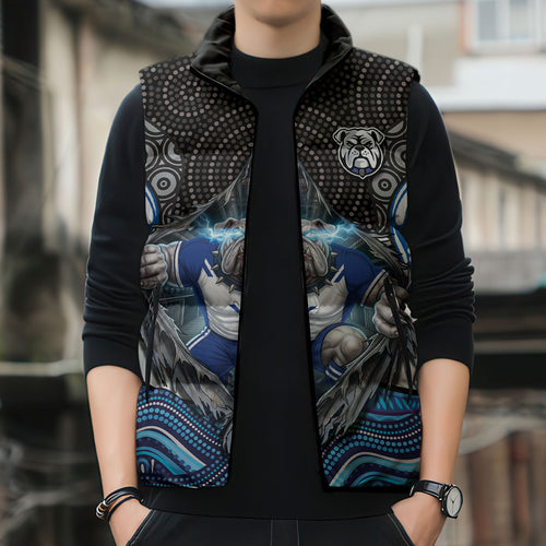 Canterbury Bankstown Bulldogs Rugby Sleeveless Puffer Jacket The Scream of Lightning Eyes - Indigenous Dot Ripping Effect