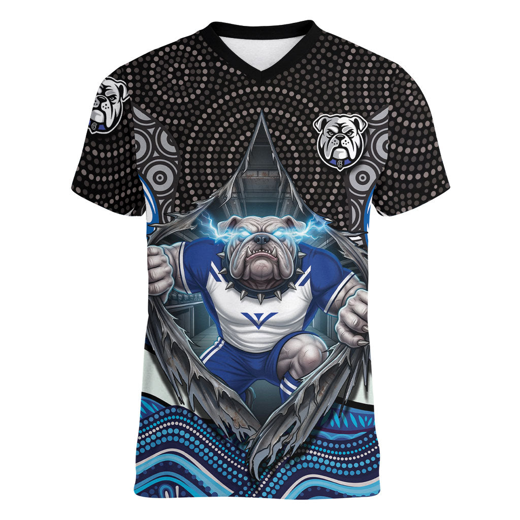 Canterbury Bankstown Bulldogs Rugby Women V-Neck T-Shirt The Scream of Lightning Eyes - Indigenous Dot Ripping Effect